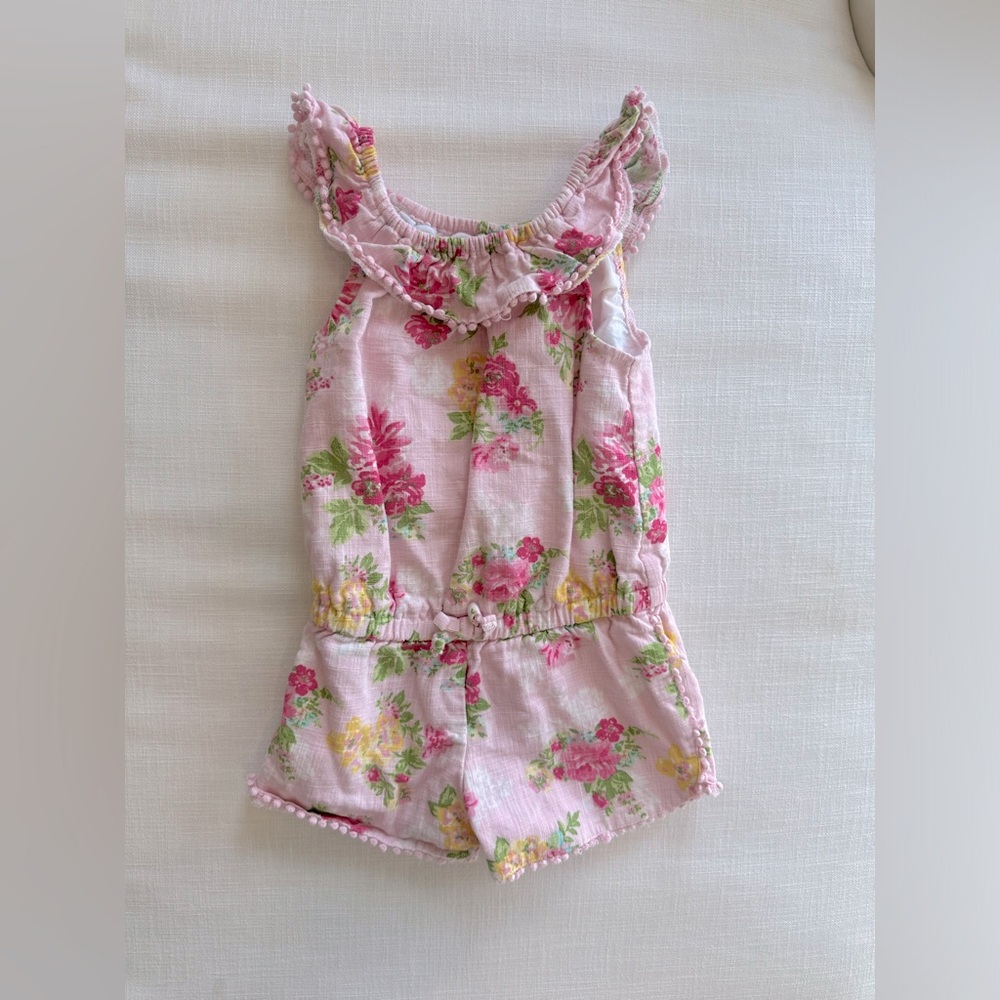 4T GIRLS PINK LINEN FLORAL ROMPER
